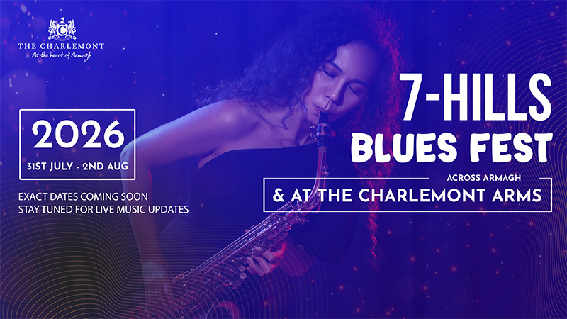 7 Hills Blues Festival banner at The Charlemont Arms Hotel with live blues music promotion